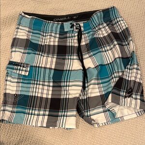 O'Neill Men's Teal and Black Plaid Board Shorts